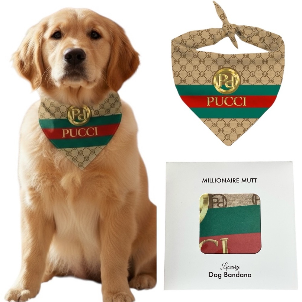 Pucci Designer Luxury Dog Bandana Size Large New with Tags Tan Red Green